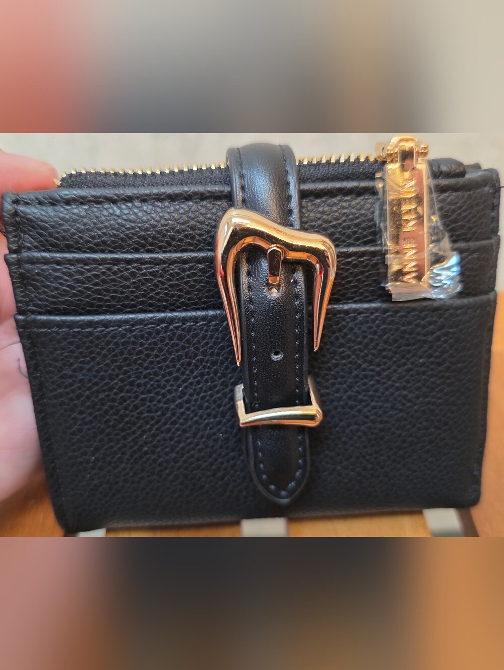 Anne Klein Black Leather Wallet with Gold Buckle Detail
